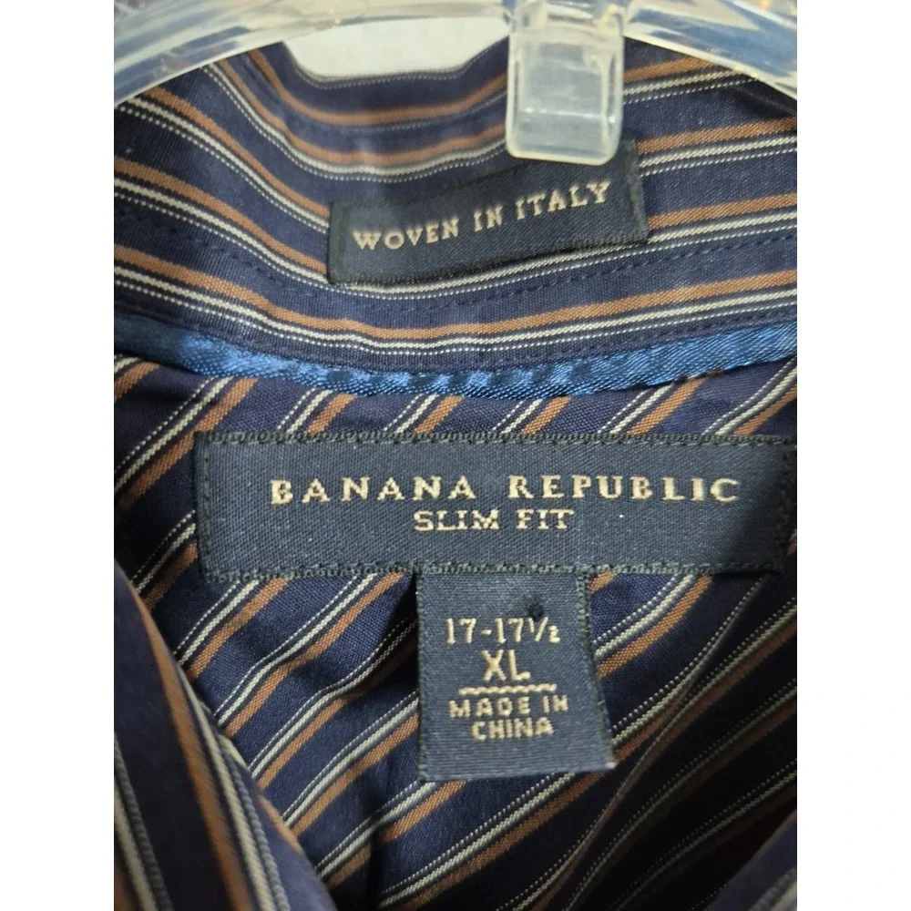Banana Republic Shirt Mens 17 -17.5XL Black/Brown Stripe Woven In Italy Slim Fit